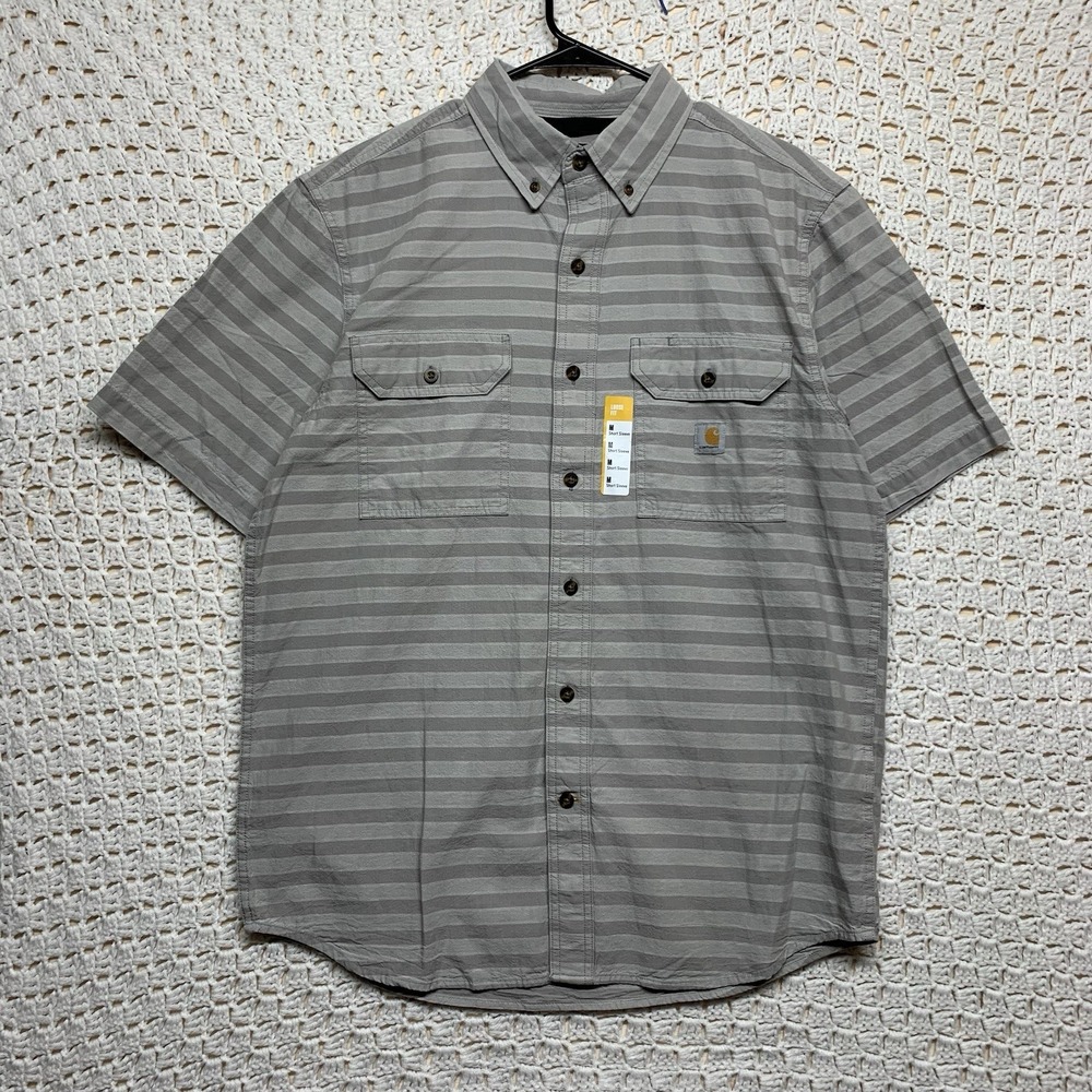 NWT Carhartt Shirt Mens Sz M Reg Gray Striped Short Sleeve Button Down Loose Fit